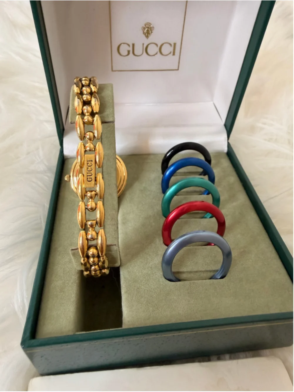 Gucci Interchangeable Bezel Rice Link Watch, w/ 6 metal bezels, box & paperwork